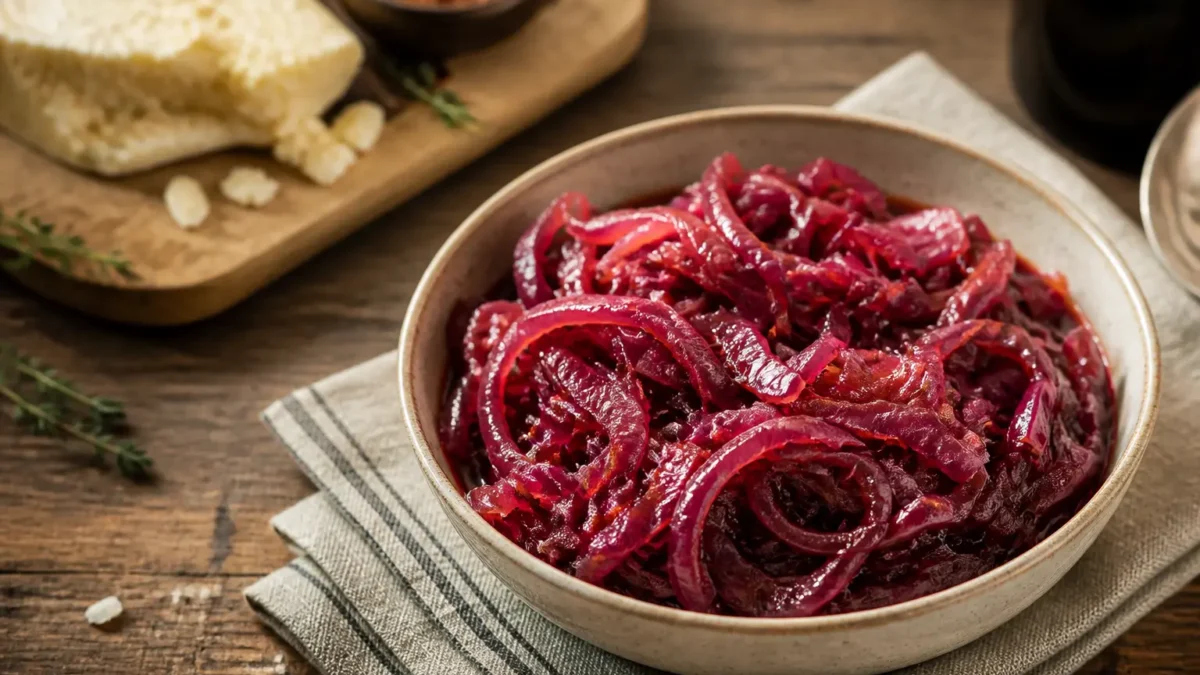 Cipolle rosse caramellate light in ciotola con aceto balsamico