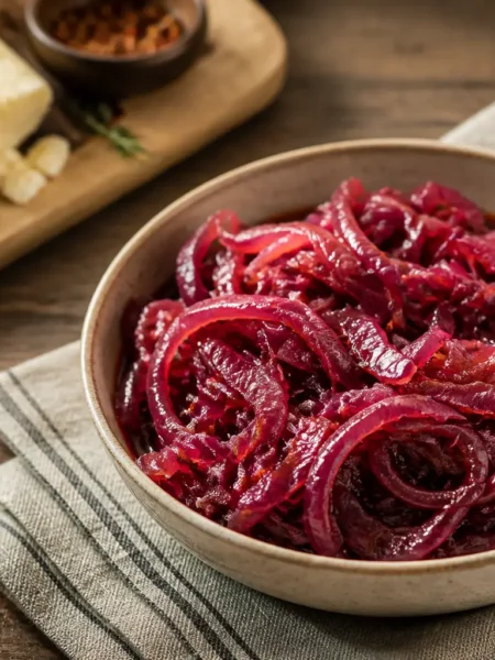 Cipolle rosse caramellate light in ciotola con aceto balsamico