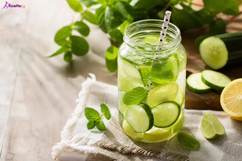 Cocktail detox al limone con cetriolo, lime e menta in barattolo di vetro