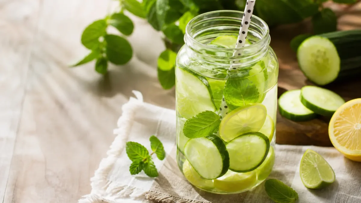 Cocktail detox al limone con cetriolo, lime e menta in barattolo di vetro