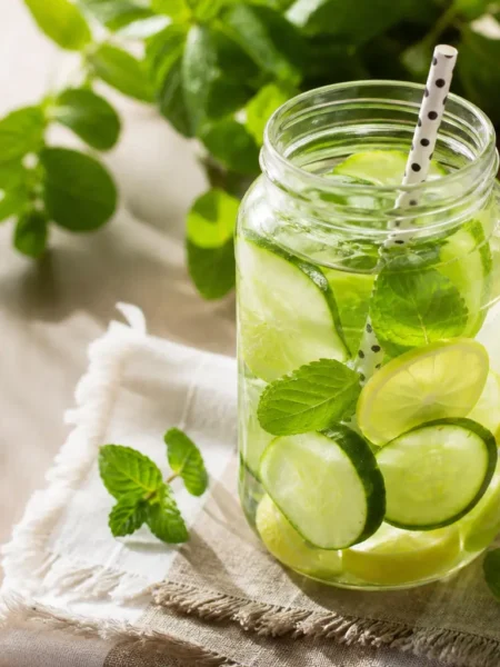 Cocktail detox al limone con cetriolo, lime e menta in barattolo di vetro
