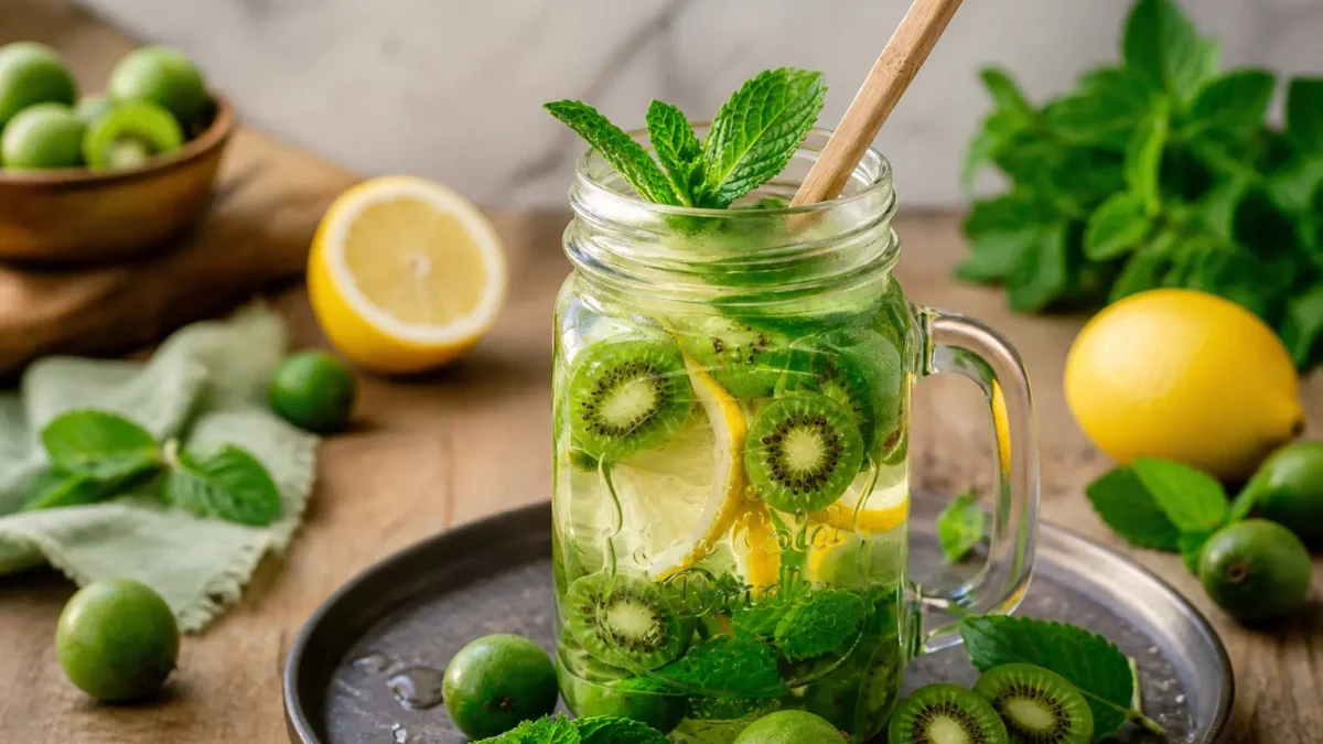 Cocktail detox kiwi e menta con limone, lime e ghiaccio