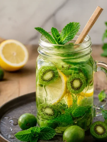 Cocktail detox kiwi e menta con limone, lime e ghiaccio