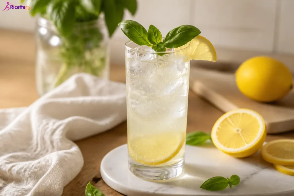 Cocktail frizzante basilico e limone con ghiaccio