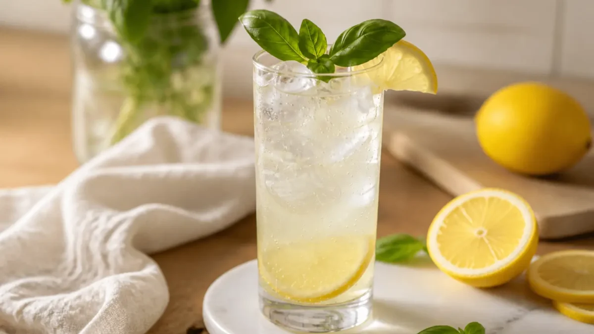Cocktail frizzante basilico e limone con ghiaccio