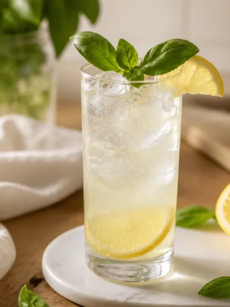 Cocktail frizzante basilico e limone con ghiaccio