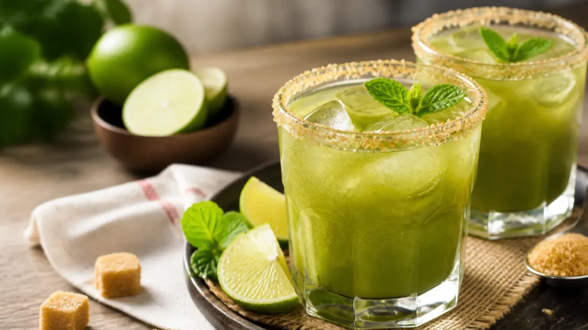 Cocktail matcha tonic fit con lime, menta, ghiaccio e bordo di zucchero di canna