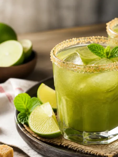 Cocktail matcha tonic fit con lime, menta, ghiaccio e bordo di zucchero di canna