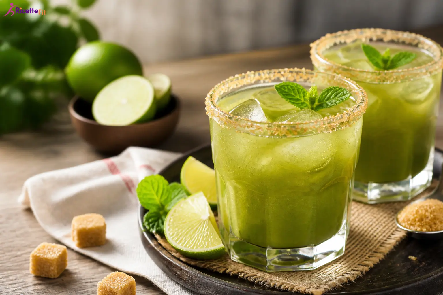 Cocktail matcha tonic fit con lime, menta, ghiaccio e bordo di zucchero di canna