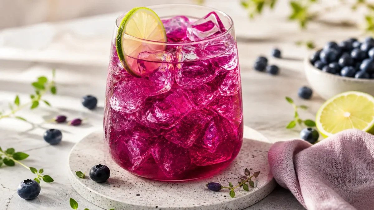 Cocktail ai mirtilli e lime con ghiaccio e timo limonato