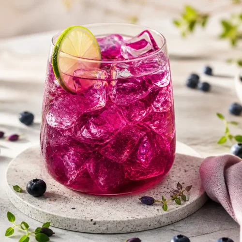 Cocktail rinfrescante ai mirtilli, lime e timo limonato