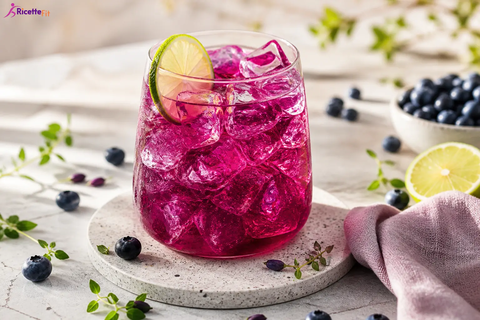 Cocktail rinfrescante ai mirtilli, lime e timo limonato