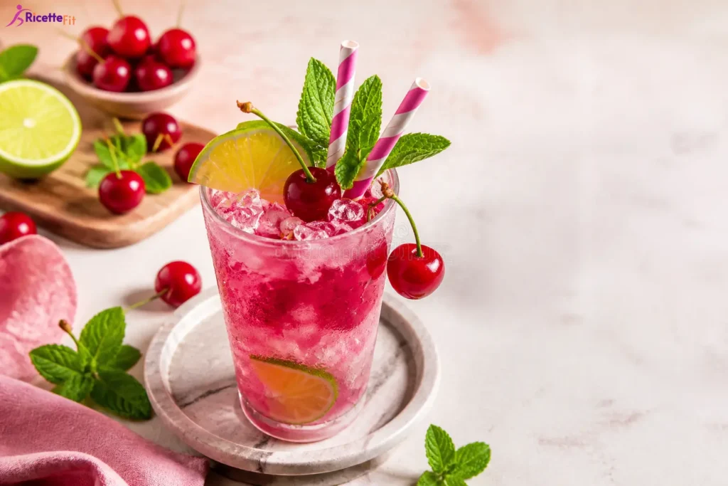 Cocktail rinfrescante alla ciliegia con lime, menta e ghiaccio