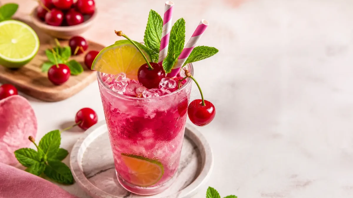 Cocktail rinfrescante alla ciliegia con lime, menta e ghiaccio