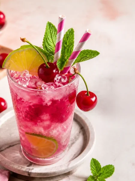Cocktail rinfrescante alla ciliegia con lime, menta e ghiaccio