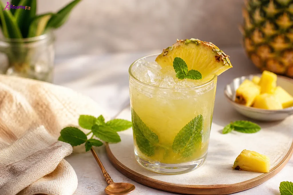 Cocktail analcolico ananas e menta con ghiaccio e lime