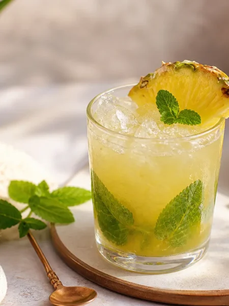 Cocktail analcolico ananas e menta con ghiaccio e lime