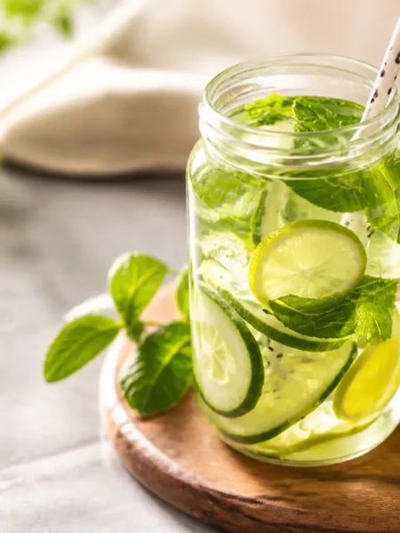 Cocktail cetriolo lime e menta in barattolo con ghiaccio