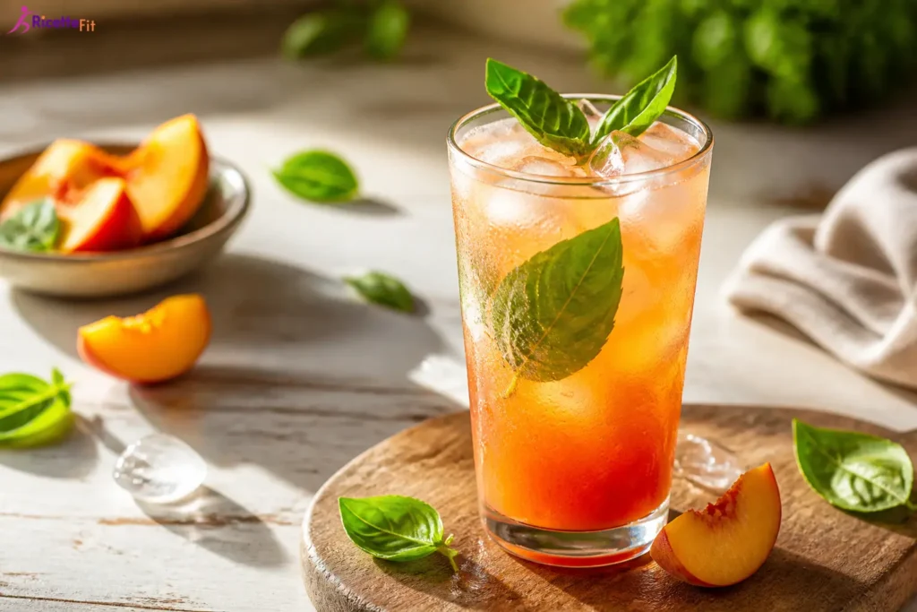 Cocktail analcolico pesca e basilico con ghiaccio