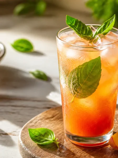 Cocktail analcolico pesca e basilico con ghiaccio