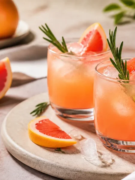 Cocktail al pompelmo rosa con rosmarino e ghiaccio