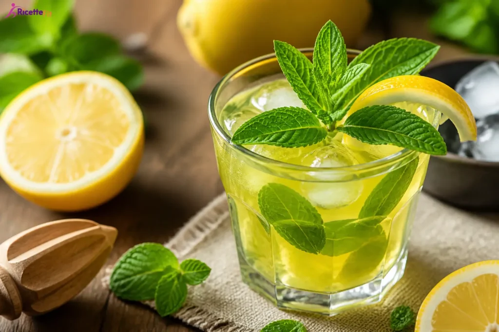 Cocktail rinfrescante tè verde e limone con menta e ghiaccio