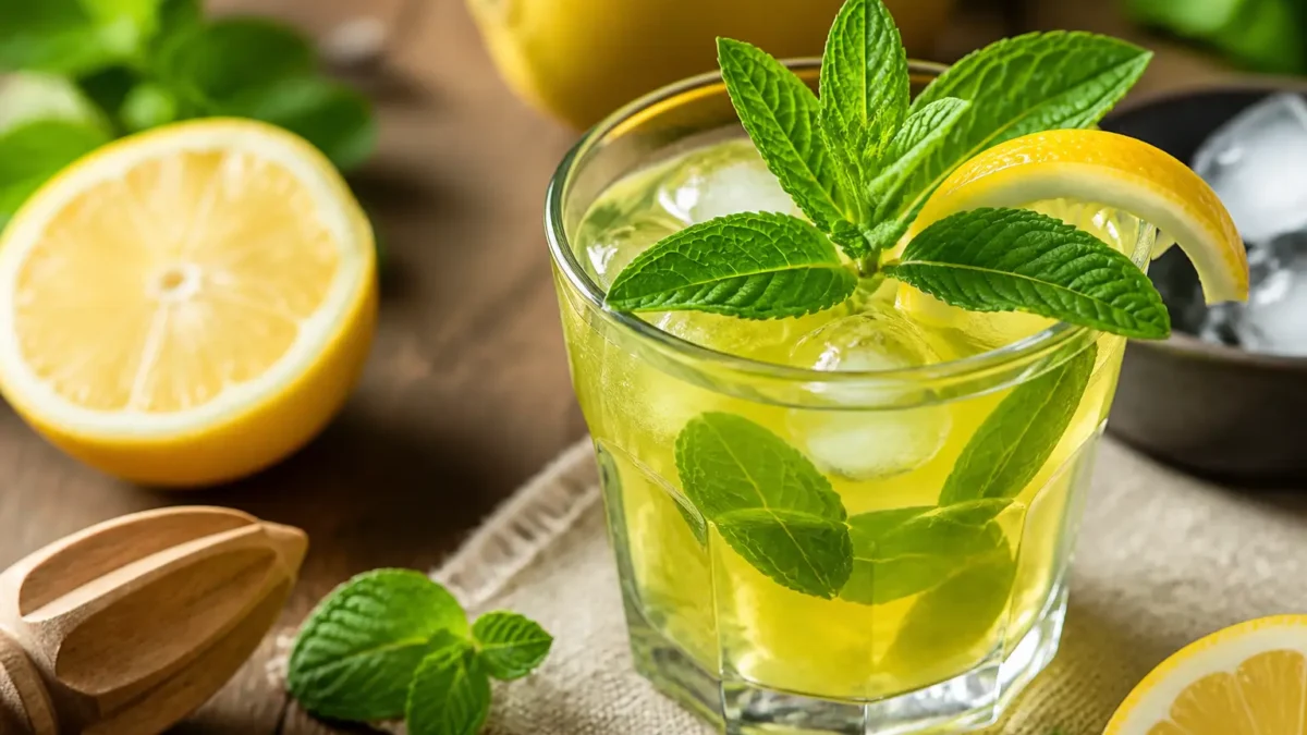Cocktail rinfrescante tè verde e limone con menta e ghiaccio