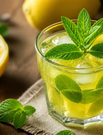 Cocktail rinfrescante tè verde e limone con menta e ghiaccio