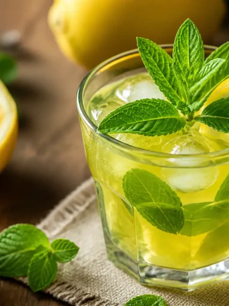 Cocktail rinfrescante tè verde e limone con menta e ghiaccio