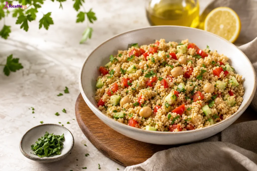 Cous cous con ceci, cetriolo, peperone rosso e prezzemolo
