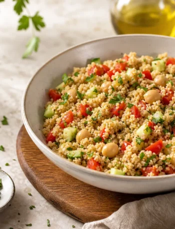 Cous cous con ceci, cetriolo, peperone rosso e prezzemolo
