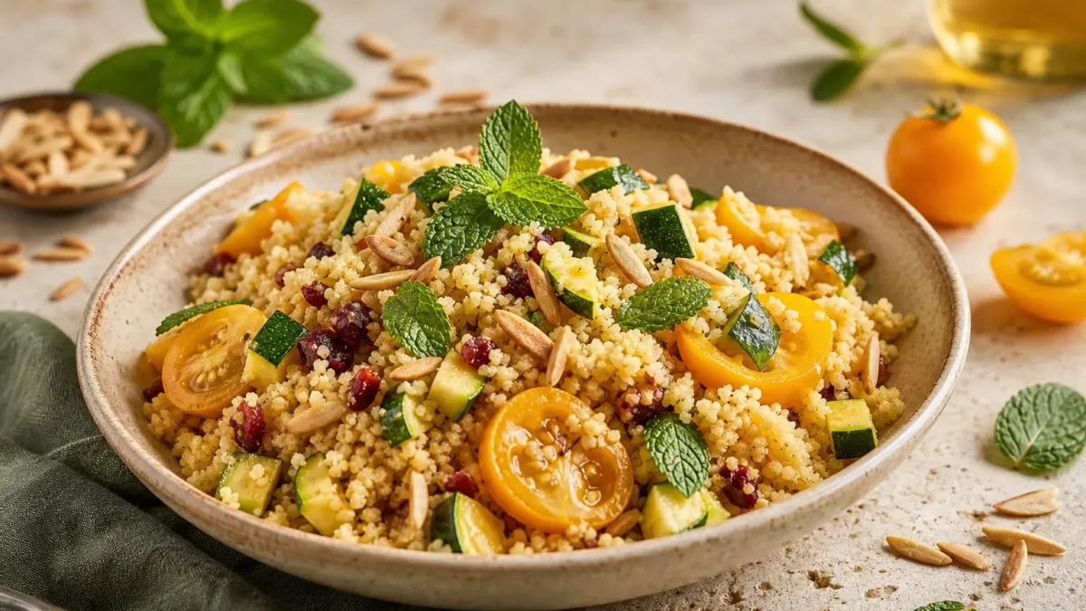 Cous cous proteico con zucchine, pomodorini gialli, mandorle e menta fresca
