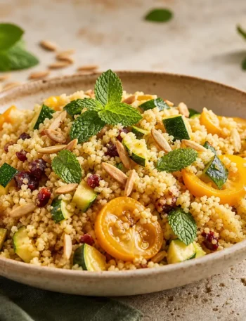 Cous cous proteico con zucchine, pomodorini gialli, mandorle e menta fresca