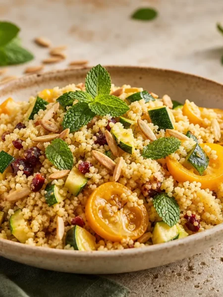 Cous cous proteico con zucchine, pomodorini gialli, mandorle e menta fresca