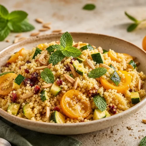 Cous cous mediterraneo proteico con zucchine, pomodorini gialli, mandorle e menta