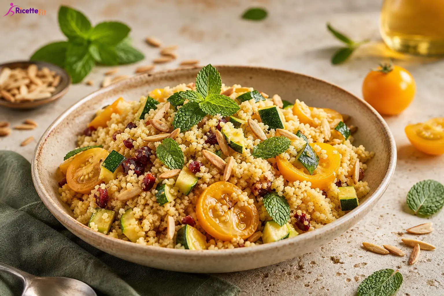 Cous cous proteico con zucchine, pomodorini gialli, mandorle e menta fresca