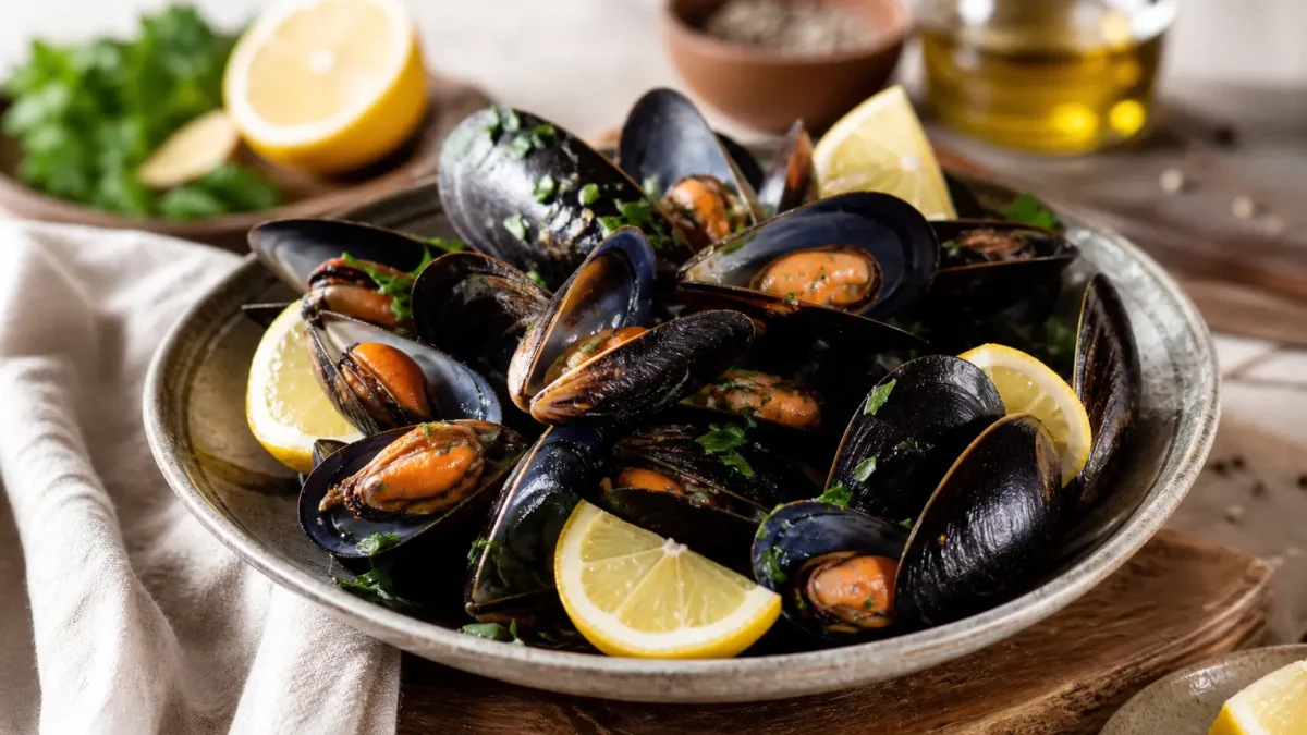 Cozze al vapore con limone, prezzemolo e pepe rosa
