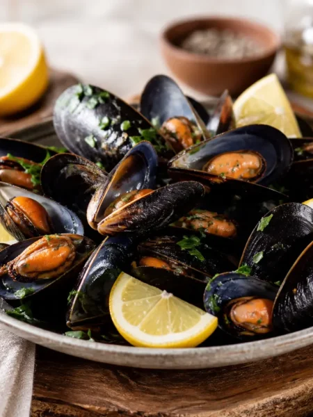 Cozze al vapore con limone, prezzemolo e pepe rosa