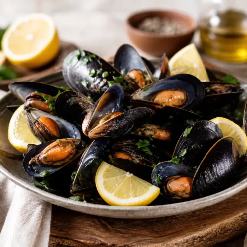 Cozze al vapore con limone e pepe rosa