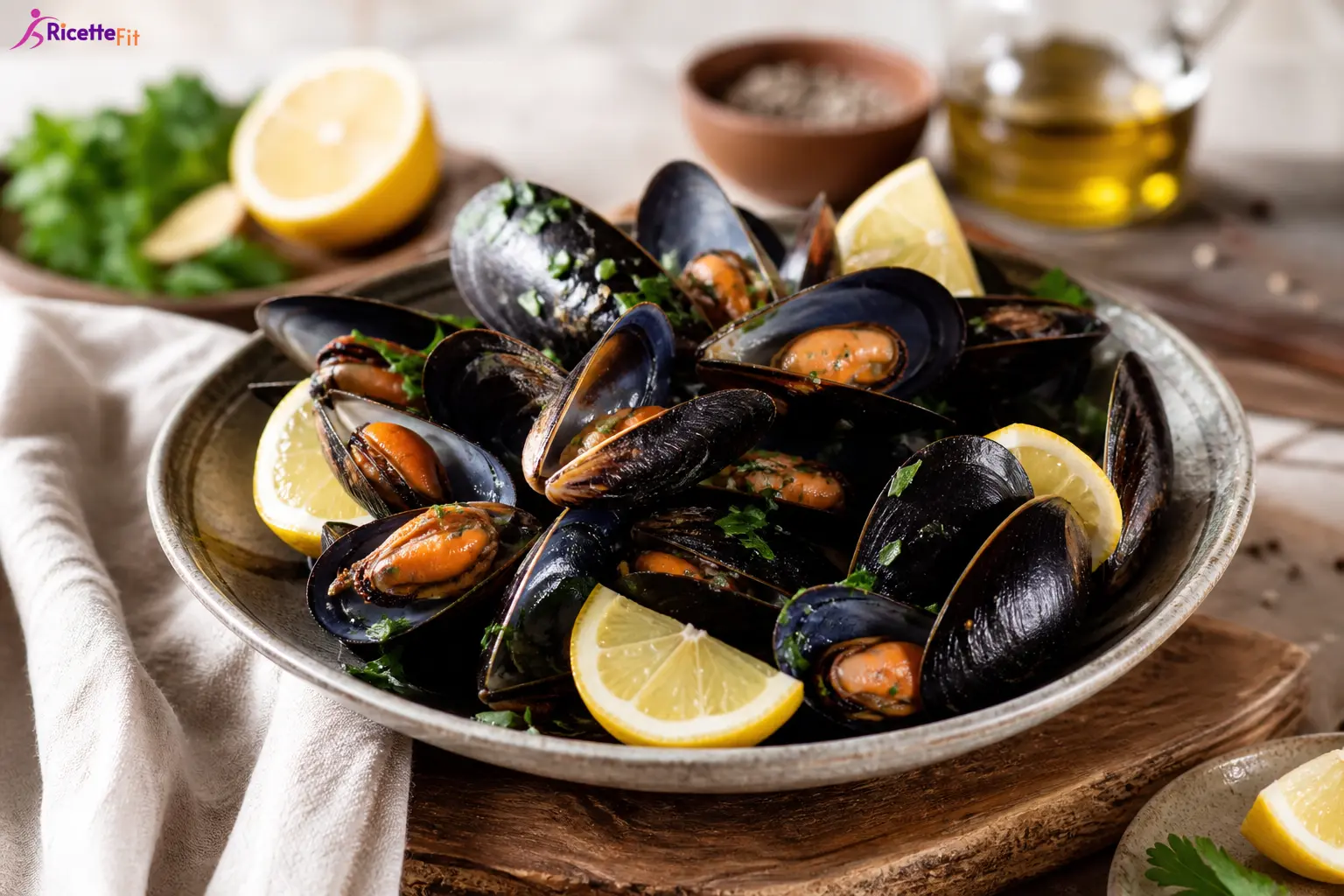 Cozze al vapore con limone, prezzemolo e pepe rosa