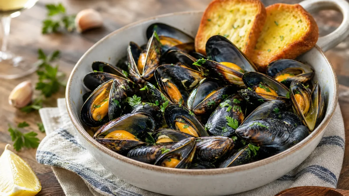 Cozze alla tarantina leggere con crostini all'aglio e prezzemolo