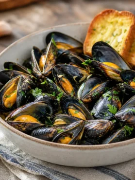 Cozze alla tarantina leggere con crostini all'aglio e prezzemolo