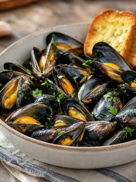 Cozze alla tarantina leggere con crostini all'aglio e prezzemolo