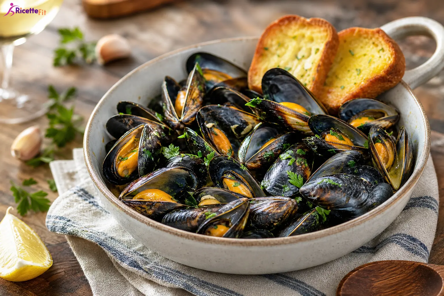 Cozze alla tarantina leggere con crostini all’aglio