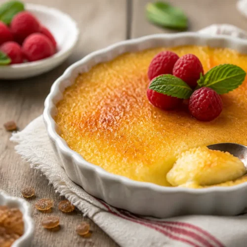Crema catalana light con lamponi e menta