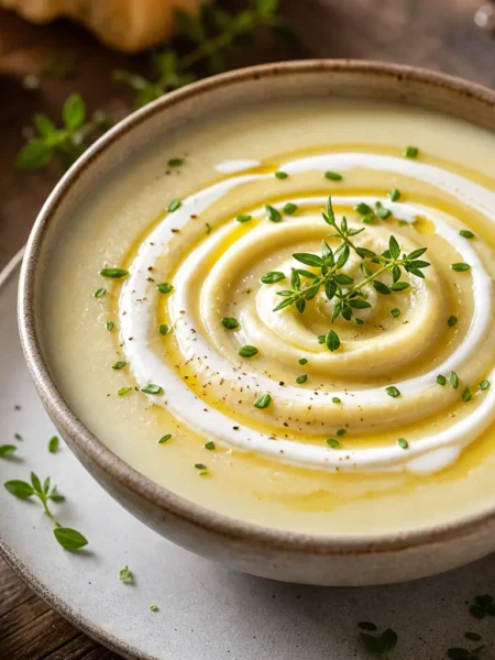 Crema di patate e porri light con yogurt greco, olio ed erbe fresche