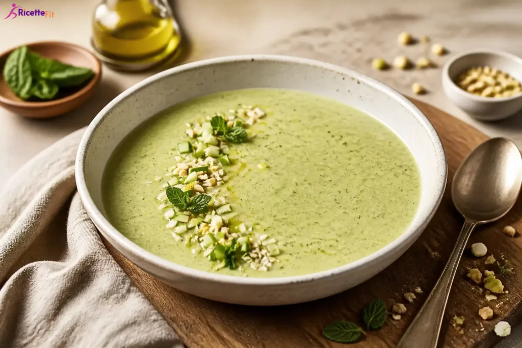Crema di zucchine con mela verde, yogurt greco, nocciole e menta