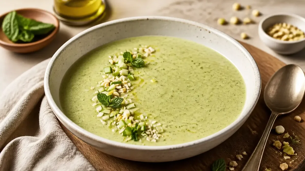 Crema di zucchine con mela verde, yogurt greco, nocciole e menta