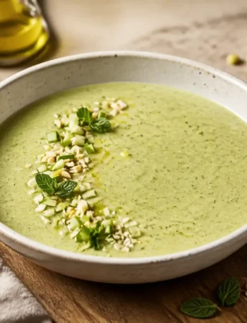 Crema di zucchine con mela verde, yogurt greco, nocciole e menta