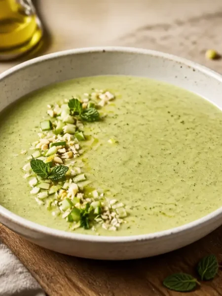 Crema di zucchine con mela verde, yogurt greco, nocciole e menta